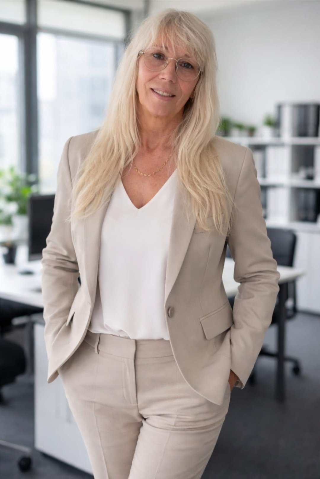 Professional woman with blonde hair and glasses wearing a beige blazer and white top in a modern office setting