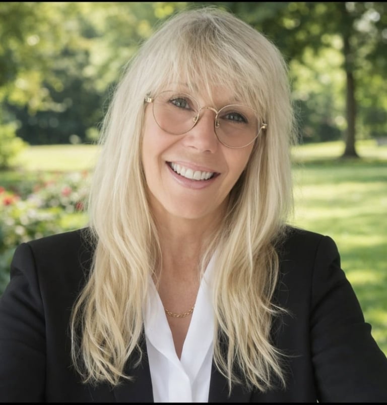 Woman with long blonde hair and bangs wearing glasses, black blazer, and white top, smiling outdoors with green park background